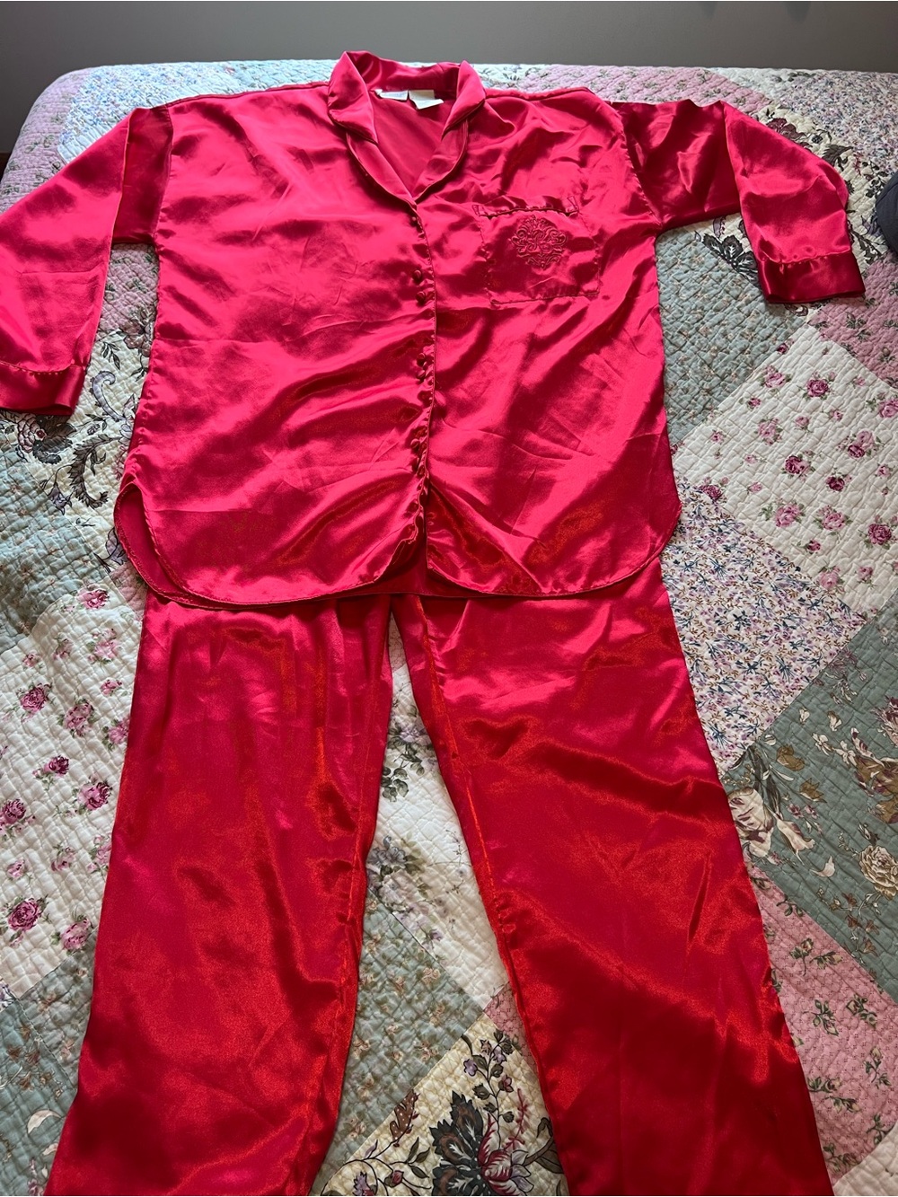 Adonna Red Satin Pajama Set Small Vintage Button Down Long Sleeve PJ Pants